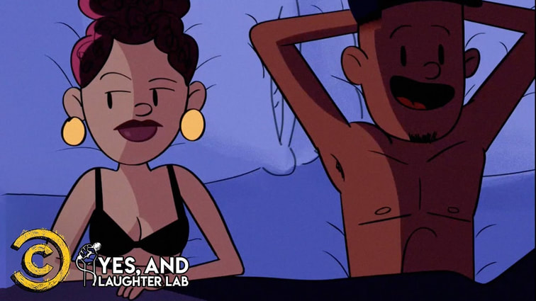 A still from an animation. A woman and man are laying in bed after a one-night stand.