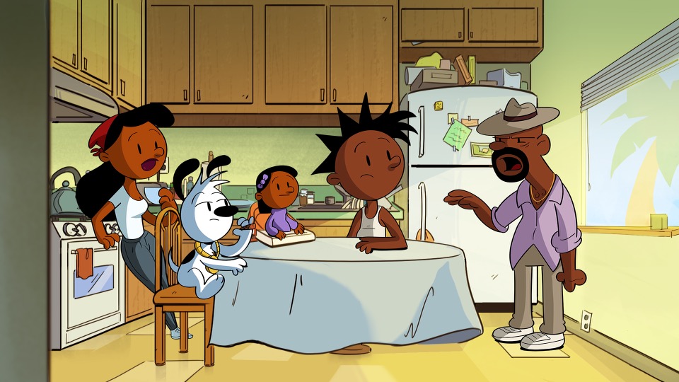 An animation of a Black family sitting around a table. The animation is from the show pops apartment.