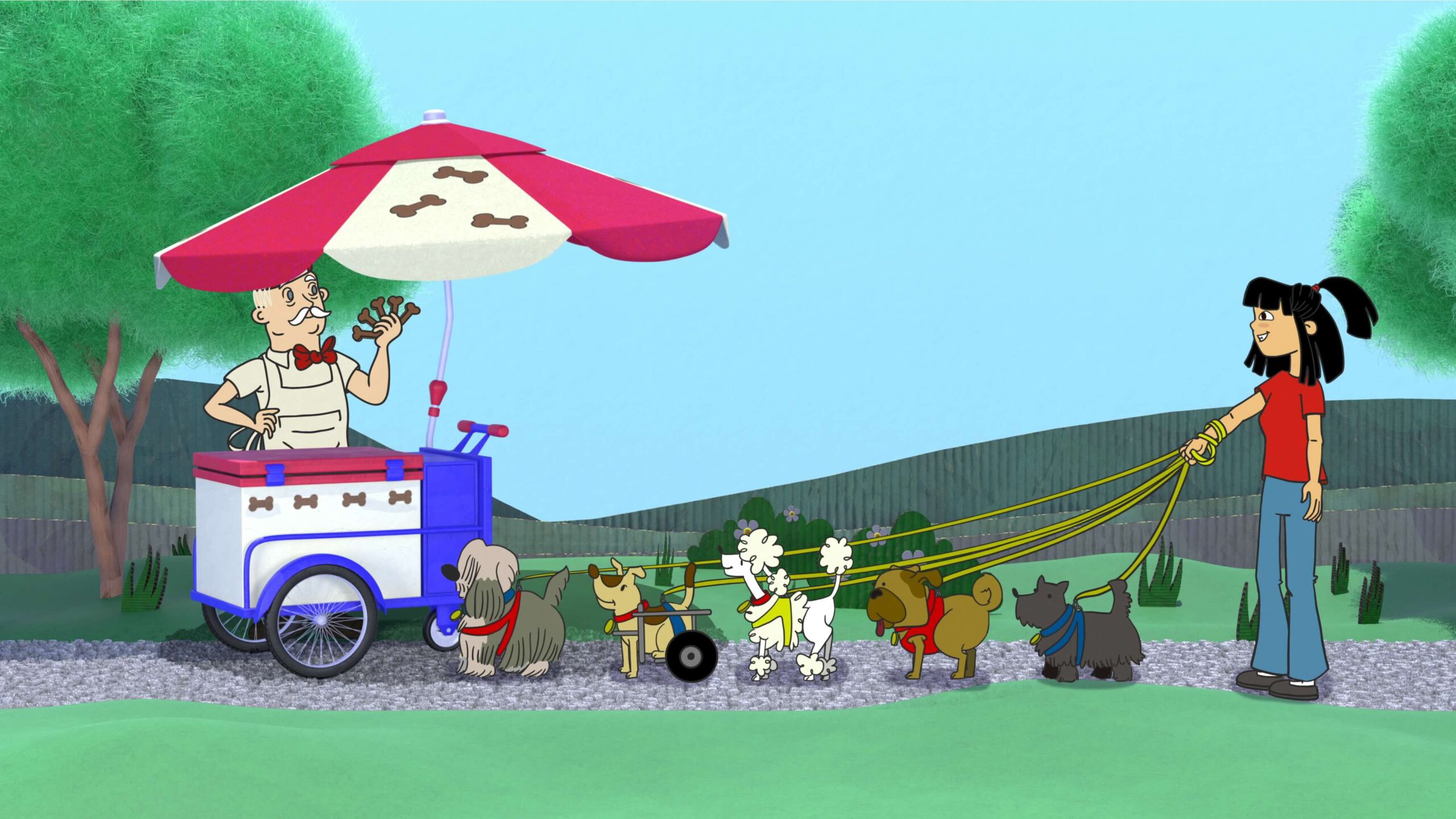 An animation, a girl named Wei walks dogs to a Central Park dog treat stand.